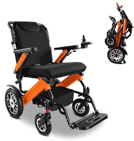 ZygenAir Rollstuhl Elektrisch Faltbar Leicht, Elektrorollstuhl 150kg | 45cm Elektrischer Rollstuhl 500W, 24km Reichweite 12Ah Akku, Outdoor Elektro Rollstuhl für Innen Außen Reisen Orange