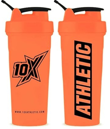 10X Athletic Neon Shaker 600ml with Mixer Ball – Neon Orange Protein Shaker | Workout Drink Bottle | Smooth & Consistent Mix | No Spill with Screw on Lid | Gym Drink
