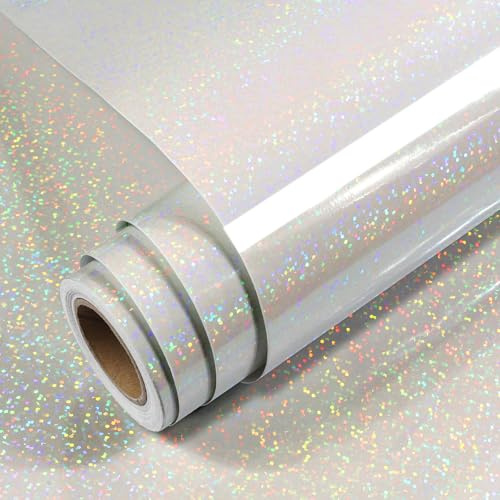 Yenhome Holografisk folie vinylfolie självhäftande 40 x 300 cm transparent holografisk folie självhäftande glitterfolie klar holografisk film transparent dekoration för fönster glasdörrar