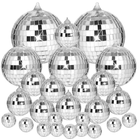 32 Stück discokugeln,discokugel deko,Discokugeln 2/3/4/5cm Spiegel,Langlebige Disco Deko, Tortendekoration für Party, Bar, Urlaubsdekoration,Geburtstag Retro 70er Party(Silber)