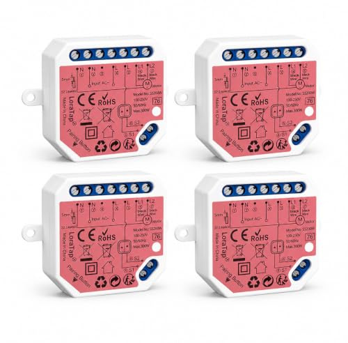 LoraTap Lot de 4 modules de volet roulant intelligents : volets roulants existants - Minuteur d'application - Commande vocale Alexa Google Assistant - WiFi 2,4 GHz - Moteur tubulaire AC 4 fils 300 W