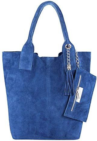 Made IN Italy Damen XXL Leder Tasche Wildleder Shopper Schultertasche Schmucktasche Jeansblau