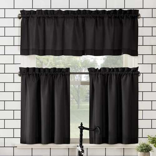 No. 918 Martine Microfiber Semi-Sheer Rod Pocket Kitchen Curtain Valance and Tiers Set, 54 x 45, Black