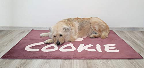 Personalisedog Hundebett-Matte – auf Bestellung gefertigt mit Hintergrundfarbe, Knochen- und Pfotenmuster, Text und Schriftstil