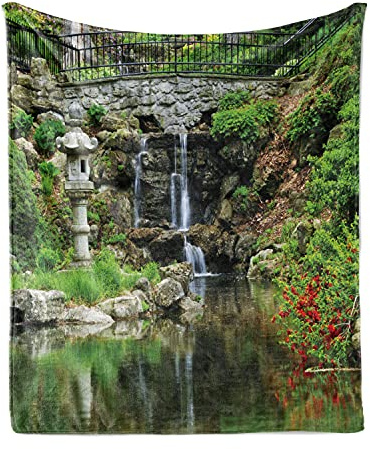 Ambesonne Japanese Throw Blanket, Cascading Waterfall Pond Under Bridge Reflections of Flowers in Water Pattern, Flannel Fleece Accent Piece Soft Couch Cover for Adults, 50 x 60, Green White
