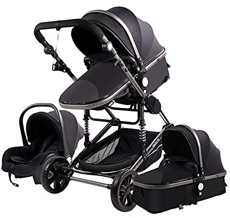 Modulära resesystem Barnvagn 3 i 1 bärbar resevagn fällbar babyvagnar aluminiumram hög liggande bil för nyfödd babyboomer poussette (Svart)