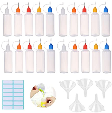 20 bottiglie vuote di colla da 30 ml con 5 mini imbuti e 14 adesivi, bottiglie in plastica con tappi a punta dell'ago per colla, liquido, olio, fai da te, pittura acrilica (multicolore)