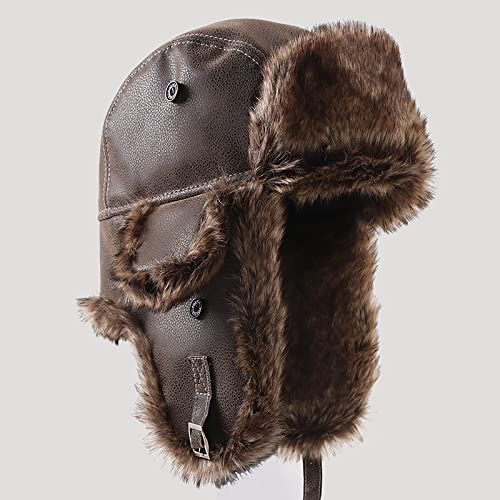 Ciamlir Russische Mütze Herren Wintermütze Uschanka Trapper Bombermütze Herren Weiches Leder Russische Sowjetische Ohrenklappe Pilotenhüte Gorro Ruso Kunstpelzmützen,Braun2,56-58Cm