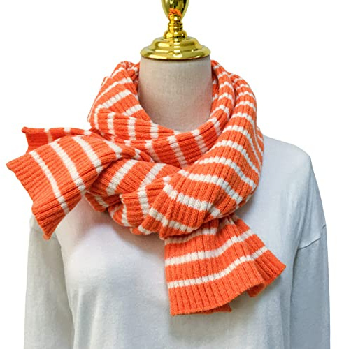 WLLDDDIU Strickschal Damen,Winterschals Stricken Der Streifen Weicher Warmer Schal Dicke Decke Orange Weiß Der Weiche Feel Schal Winterschal Trendige Stola Schals Für Frauen Mädchen