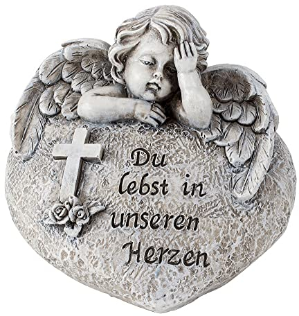 Miss Lovely Decorazione per tomba, statuetta con angelo, croce e rosa, grigio, resistente alle intemperie, per cimitero, funerale, addio, sepoltura (Du lebst nei nostri cuori)