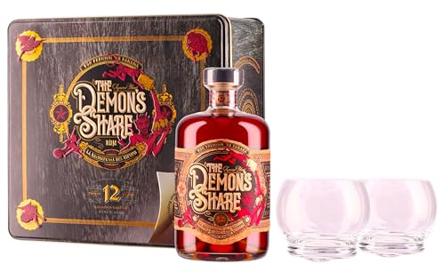 The Demon's Share Rum, 700ml, Note di Liquirizia, Speziate ed Erbacee, Rum Scuro Artigianale di Panama, Invecchiato 12 Anni in botti di ex Bourbon Americano, Confezione Regalo con Bicchieri, 40% Vol.