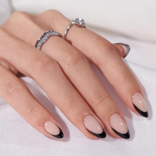 BTArtbox Press On Nails, Black French, Short Almond, Black Nude, 32Ct | Lamp-Curable 4-Week Wear, Salon-Quality Natural Nails, 10-Minute Easy Daily Application, 16 Sizes, All-in-One Complete Kit