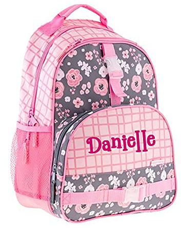 Stephen Joseph Personalized Backpack - Flowers Book Bag - Pink and Gray All Over Print - Kids Back to School Supplies - Vacation Daypack - Custom Name
