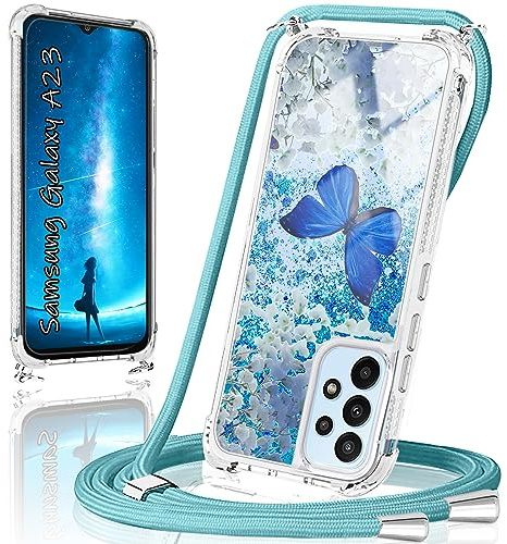 XCYYOO Handykette für Samsung Galaxy A23 5G Hülle mit Band,Handyhülle Samsung Galaxy A23 5G Glitzer Schmetterling mit Kette TPU Slim Bumper Kratzfest Stoßfest Schmetterling Schutzhülle mit Kordel