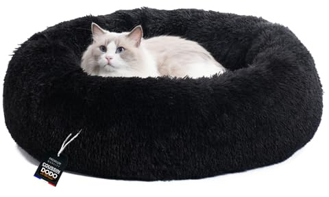 One PETS-TOP® Katzenbett [mit waschbarem Bezug] 60cm Durchmesser - Hundebett, Hundekissen kleine Hunde, Hundekorb, Hundekörbchen, Cat Bed, Langer Plüsch, Schwarz