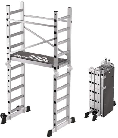 APARECIUM 10' Foldable Aluminum Scaffolding Ladder, Multipurpose Rolling Work Platform, Scaffold Tower, Ladder Stool Bench, Adjustable Platform, 330 Lbs Duty Rate