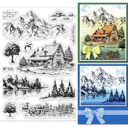 GLOBLELAND Landschaft Silikonstempel Baumbrücke Transparente Stempel Flusslandschaft Klare Stamps Für Karten Herstellung DIY Scrapbooking Basteln