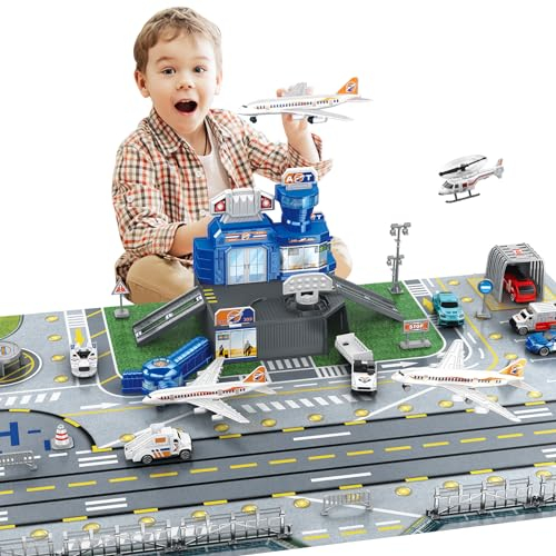 deAO Jouet de l'Aéroport, Le Bâtiment Terminal de l'Aéroport, la Tour Radar et 9 Véhicules : Chariots à Bagages, Voitures de Police, Avion de Ligne, Barrière Routière et Personnel au Sol, Cadeau