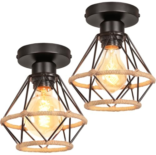 PETITES ECREVISSES 2 Packs Plafonniers Luminaires Industrielles Design Diamant Chanvre Corde Ø16cm Métal Lustre Suspension Abat-Jour Rétro Design E27 pour cuisine salon chambre (Plafonnier-2pcs)