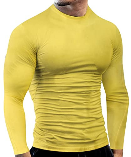Ausschnitt Oberteil Herren Männliches Frühlings- und Sommer-Eignungs-Sport-schnelles Braten-Langarm-T-Shirt einfarbiges festes elastisches bodenendes Oberteil Fitness Herren Shirt (Yellow, XXXL)