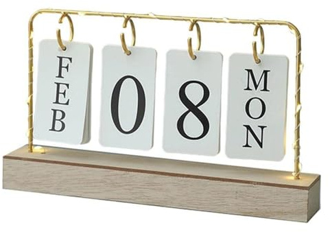 Schreibtischkalender aus Holz, Metall-Klappkalender, ewiger Flip-Kalender mit großem Display, täglicher Schreibtischkalender, rustikales Bauernhaus-Schreibtischzubehör für Heimbüro-Dekor (B-Gold mit