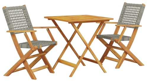 vidaXL Bistro Set 3-TLG., Balkonset mit Klappdesign, Sitzgruppe für Garten Terrasse Balkon, Gartenmöbel Gartengarnitur, Grau Poly Rattan Massivholz