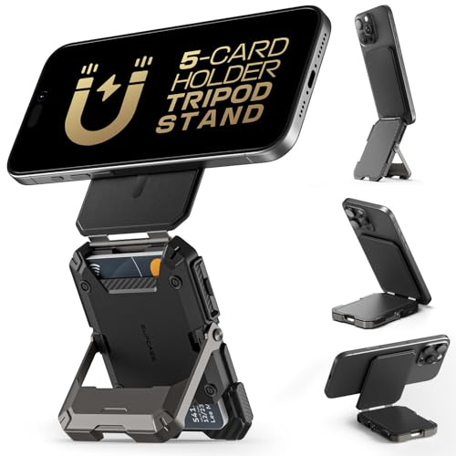 SUPCASE Porte-Cartes Magsafe avec Support, Portefeuille Magnétique 3000g [Maintien 5 Cartes] [Blocage RFID] Réglable Support Téléphone Trépied Wallet pour iPhone 17/16/15/14/13/12 Série, Noir