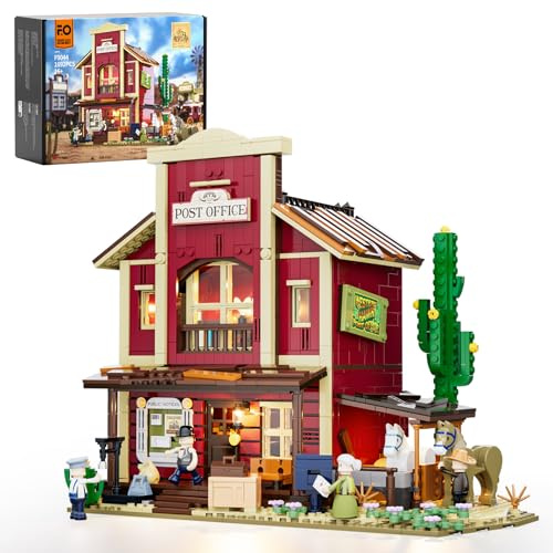 FUNWHOLE Old West Post Office Bauset 1692 Teile – Beleuchtetes Modell Einer Westernstadt, Sammlerstück mit 6 LED-Lichtern & detailreichen Geschichten