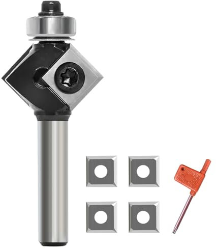 GLRYD 45 Grad FräSer Fasefräser 8mm Schaft, mit 4 Stück Wendeplatten, Bevel Einfassung Austauschbare-Klinge Oberfräse Fräser, für Schneiden einer 45-Grad-Fase an der Holzkante