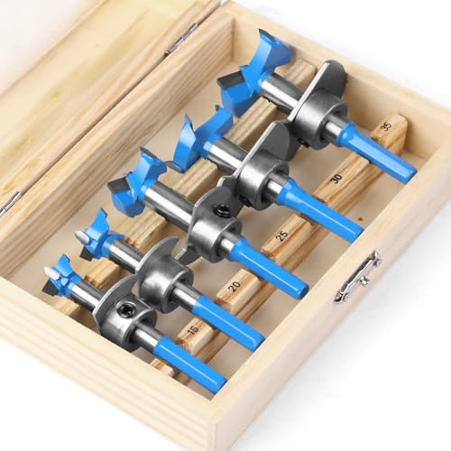 5PCS 15mm-35mm Adjustable Forstner Drill Bit Set with Carbide Tip for Woodworking, Auger Opener Hex Shank Hinge Boring Drill Bit Set for Hardwood, Softwood, Plastic, Plywood