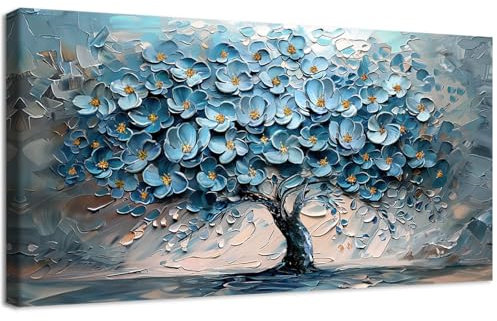 Arbre à Fleurs Bleues Impression sur Toile Cadre en bois Arbre de Vie Tableau Affiche Decoration Murale Abstrait Bleu Gris Or Peinture Image sur Toile Tableau Decoration Murale Salon Chambre 50x100cm