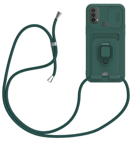 xinyunew Funda con Cuerda para Motorola Moto E20/E30/E40, Silicona Líquida Carcasa con Cordón [Ajustable Correa de Cuello Cadena] [360 Anillo función de Soporte Cubierta], Verde
