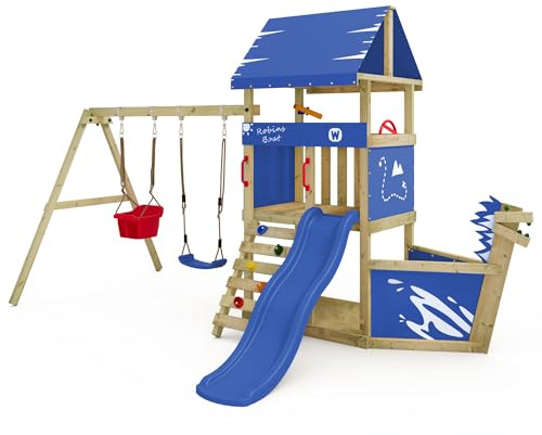 Wickey Parco giochi DinkyHouse con naso di nave - con scivolo & telone blu - Torre di arrampicata per bambini per il giardino in legno massiccio - 372x317x247 cm