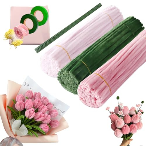300 Stück Pfeifenreiniger Blumen Set - Pfeifenputzer zum Basteln mit Floristenband, Blumendraht, Blumen Staubblatt, Floristenkrepp - DIY Blumenstrauß Geschenk für Mama, Freundin (Rosa, Hellrosa, Grün)