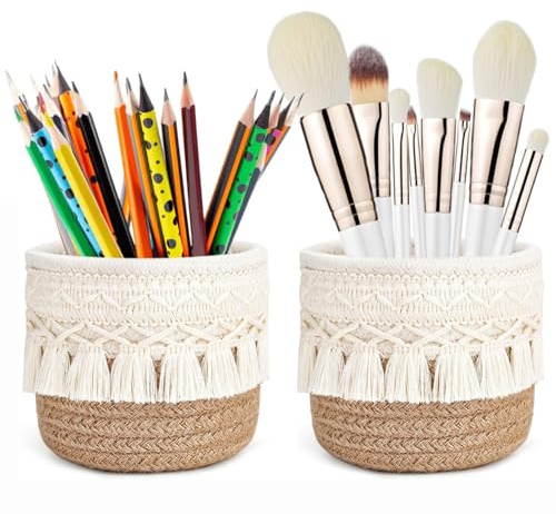 YANJINGHE 2 Stück Make-up-Pinselhalter, Geflochtener Mini-Korb, 10x10cm - Organizer, Kosmetikorganiser, Boho-Stil Aufbewahrungsbox für Kosmetikpinsel, Stifte, Bleistifte und Accessoires (Weiß+Khaki)