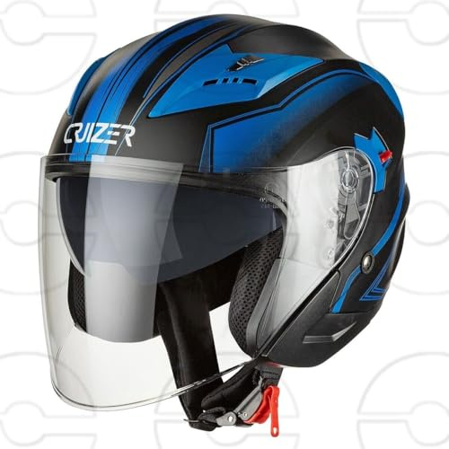 Cruizer Casco Jet Moto Scooter Omologato Doppia Visiera Nero Opaco Grafica Blu