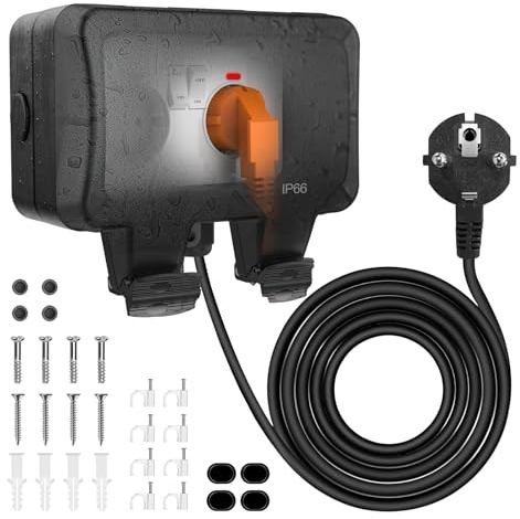 Prise extérieure étanche IP66 - Prise extérieure - Montage en saillie - Câble de 3 m avec interrupteur - 2 prises avec couvercle rabattable - Pour pièces humides - Résistant aux intempéries - Noir