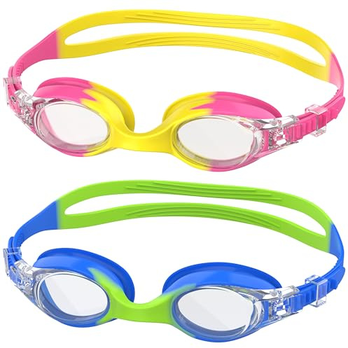 Ambienden 2 Pcs Occhiali Nuoto Bambini, Anti-Fog con Visione Chiara, Protezione UV, Guarnizione in Silicone, Piccolo Telaio Occhiali da Nuoto Unisex per Bambini da 6 a 14 anni, Pink-Yellow＆Blue