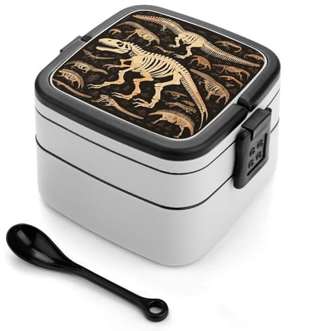 Lonchera Bento con estampado de esqueleto de dinosaurio, apilable, 2 capas, reutilizable, a prueba de fugas, para adultos, viajes, 33 onzas, lonchera con cuchara, cajas bento portátiles, aptas para