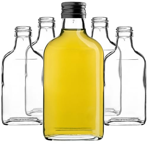 KADAX Lot de 50 gourdes Plates en Verre 200ml – Petites fioles à Bouchon vissant pour liqueurs, alcools & décorations