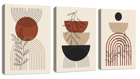3 Pcs Boho Beige salvia Foglia Stampe da Parete, Geometrica Linea Rotonda Quadri Pittura Moderni Estetica Minimalista Stampa su tela Quadro Poster Decorazione Soggiorno Camera da letto 30x40cmx3 Pcs