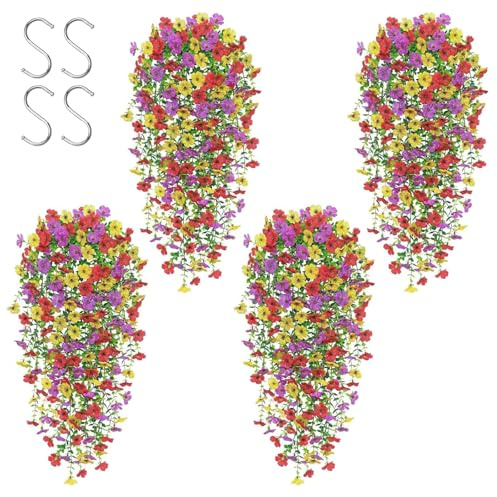 4 Stück Kunstblume Hängend - Künstliche Blumen Künstliche Hängepflanzen wie Echt Plastik Blumen Dekoration für Draußen Wetterfest, Pflanzen UV-Beständig für Outdoor Heimdekoration Garden Hochzeit