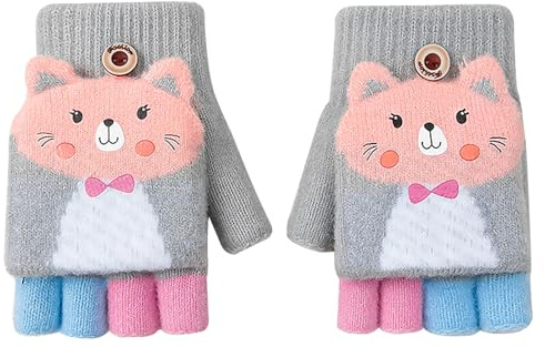 Cxryrzhe Guantes de invierno para niños de 6 a 15 años para niños y niñas, guantes convertibles con tapa abatible, guantes térmicos de dibujos animados de punto, guantes sin dedos de punto, guantes