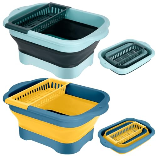 2Pack Collapsible Dish Basin with Drain Plug and Portable Sink, 11L(2.91 Gallon) Collapsible Bucket with Sink, Foldable Wash Basin for Station Campin/Camping/Rv/Kitchen (Green and Yellow)