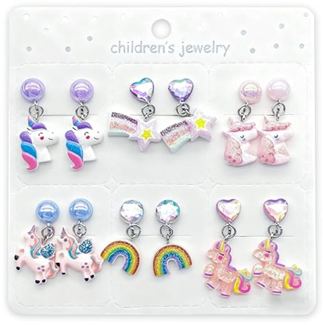 6 Paar Klipp Ohrringe Kinder Mädchen, Ohrclips Ohne Ohrclips Kinder mit Gummi Polstern, Einhorn Sterne, Clip Ohrringe Kinde für Alltag Geburtstag Party Geschenk (6 Paare)