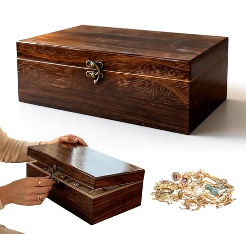 PORFOYO Holzkiste mit Deckel 28×24×10cm, Vintage Holz Schatztruhe, Vintage Dekorative Holzbox, Holztruhe mit Deckel, Erinnerungsbox, Schatzkiste Holz für Geschenke Erinnerungen Schmuck
