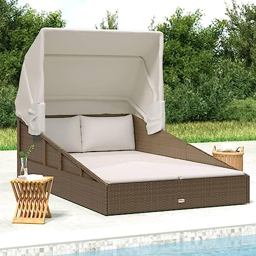 Nqyjm Sonnenliege, Liegestuhl mit klappbarem Dach, braun, 200 x 114 x 128 cm, Polyrattan, Gartenliege, Strandliege, Relax für Garten, Terrasse, Balkon, Camping