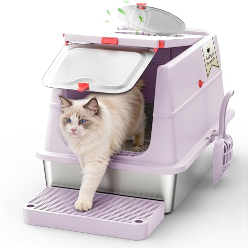 Rostfritt stål Cat Litter Tray, metall, avtagbar flip lock och slutna högsidiga mönster, XXL Cat toalett | luktkontroll | Anti-läckage | hållbar | icke-klibbig yta | med scoop, pedal (lavendel)