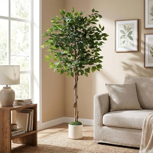 Clevich 150cm Ficus Kunstpflanze Wie Echt,Künstliche Ficus, Weißen Topf,Gebogenem Baumstamm+Üppig Grünen Blättern,Pflegeleichte Zimmerpflanze,Plüschmoos,Künstliche Pflanzen,Einzugsgeschenk,2PCS Moduls