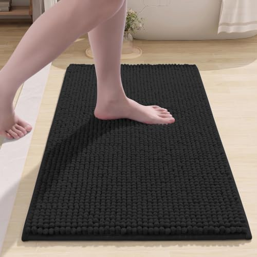Hafaa Bath Mat Non Slip Anti Mould – Black Chenille Bathroom Mat 40 x 60 cm Machine Washable Bath mats Super Absorbent Extra Soft Fluffy Shower mat